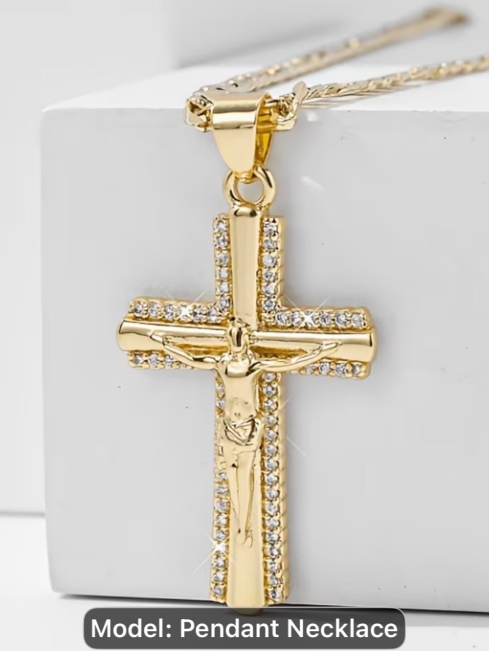 Gold Crystal Crucifix Pendant Necklace - Unbranded